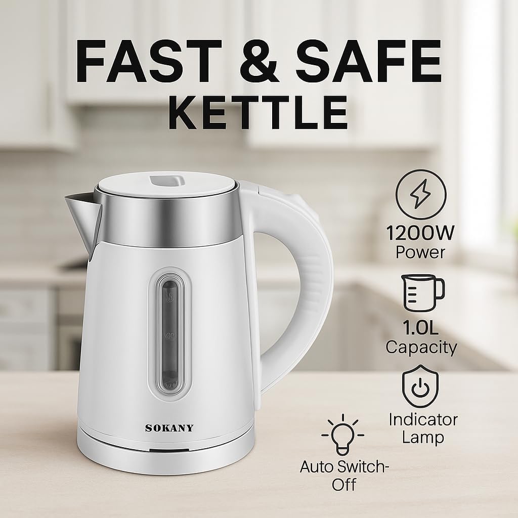 Electric Kettle 1L - Stainless Steel Water Boiler with Indicator Light 1200W, Fast Boil Water Boiler With Auto Shut-Off, 360 Degree Swivel Base, SK-0808 (White) - image 2
