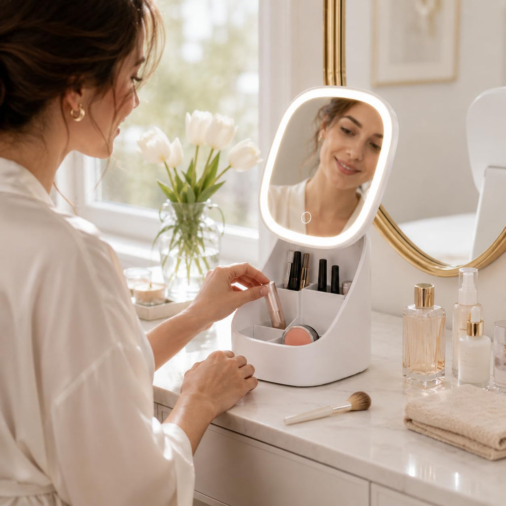 Makeup Organizer with LED Mirror, Desktop Vanity Storage Box with Adjustable Angle, Removable Divider and Easy-Clean Base for Cosmetics, Brushes and Skincare, X-612 - image 7