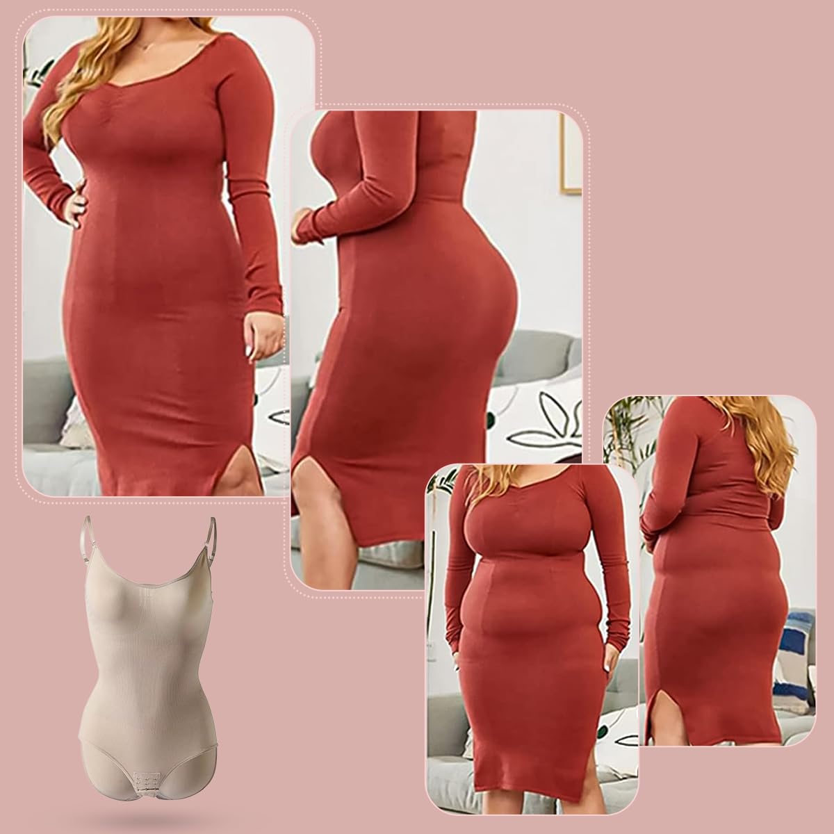 Shapewear Bodysuit for Women, Body Shaper Bodysuit with Tummy Control, Chest Pad Design, Stretch Knit Fabric and Crotch Opening, Invisible Under Clothes, Beige, XL - image 6