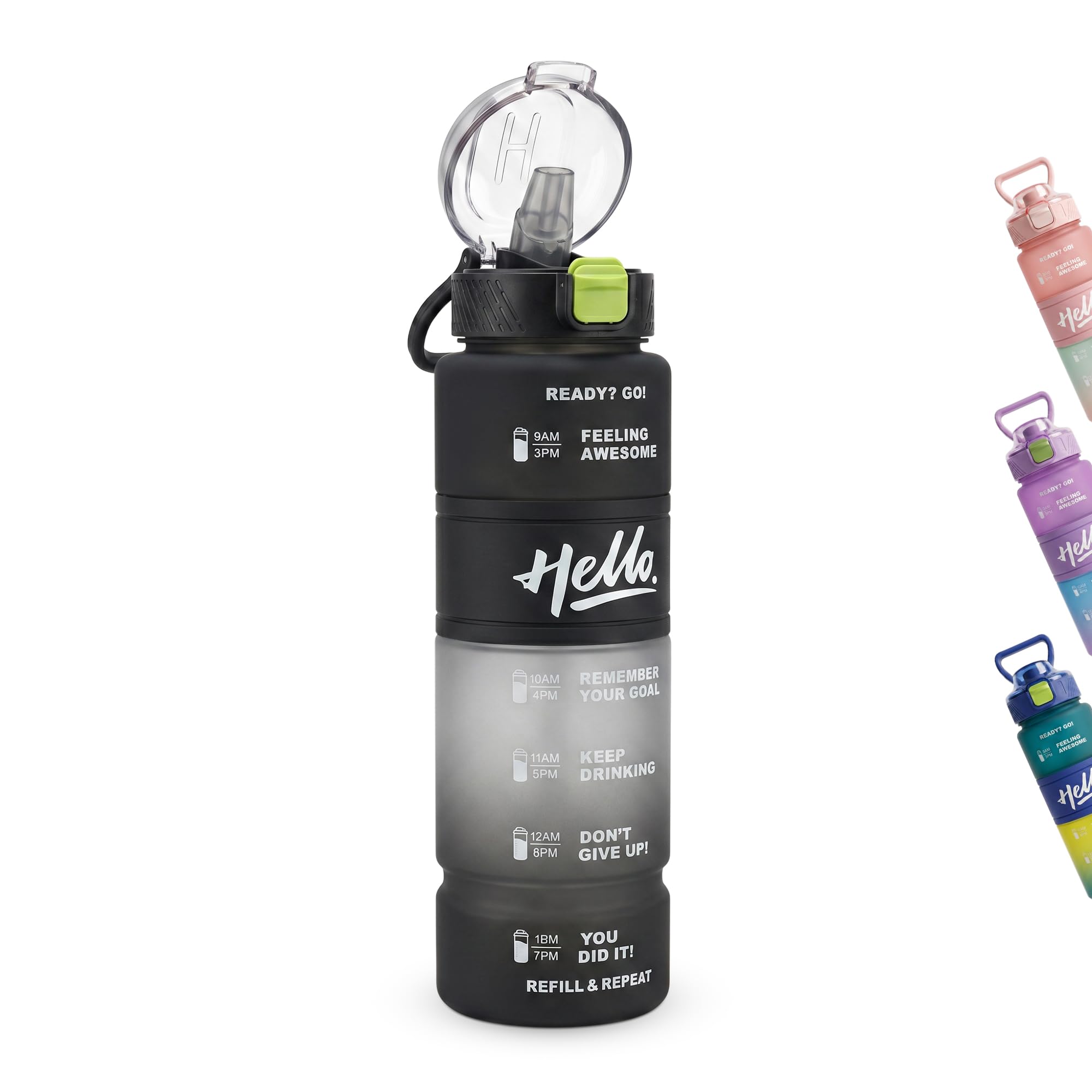 Water Bottle 1L with Straw Lid and Carry Handle, BPA-Free Leak-Resistant Reusable Sports Bottle for Gym, School, Travel and Outdoor Use, FL-230, Black - image 1