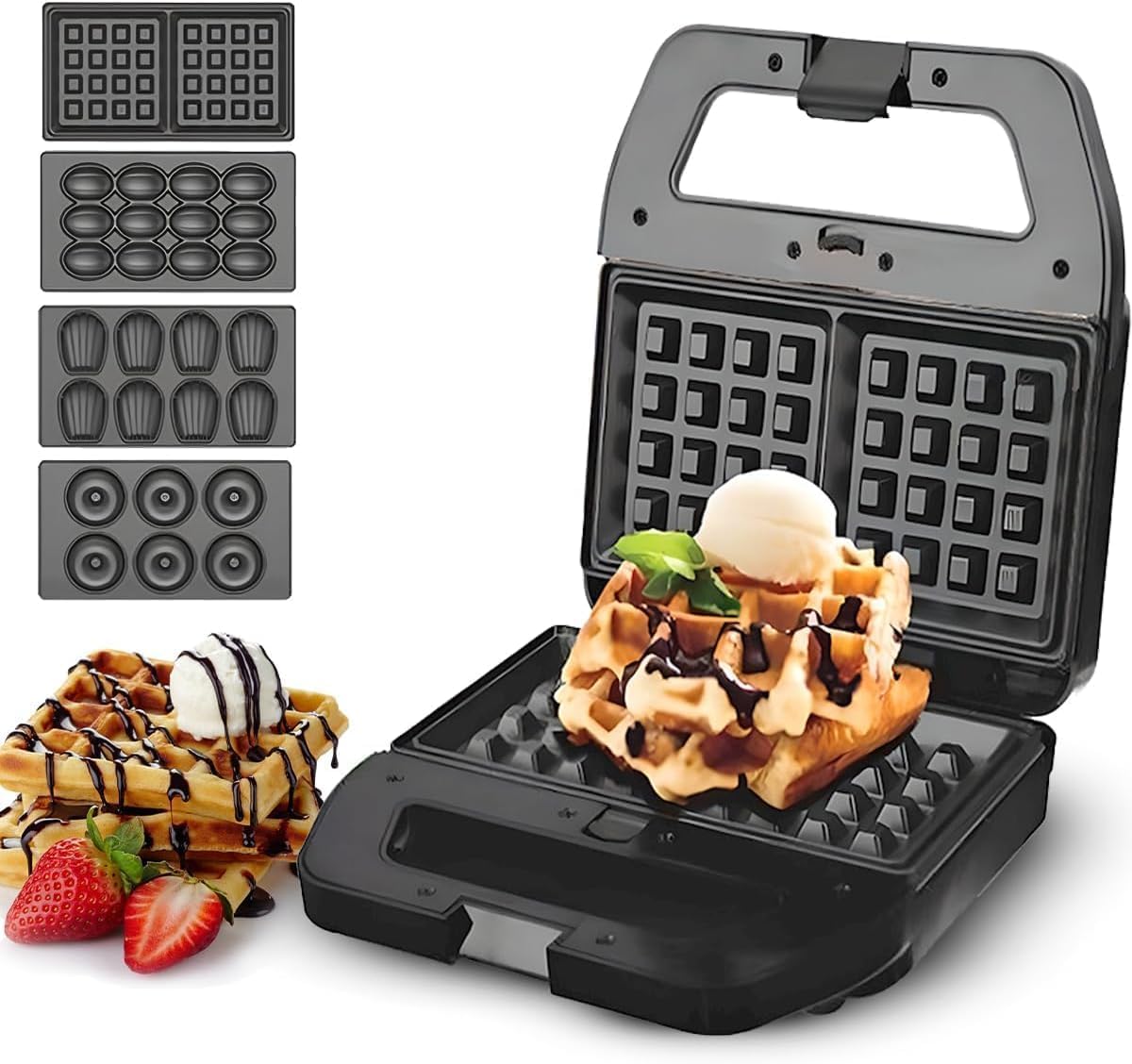 Waffle Maker 4 in 1 Multi-Plate Cooker 800W, Non-Stick Removable Plates for Waffles Donuts Nuts Shells, Safety Lock Overheat Protection, KC1237 - image 1