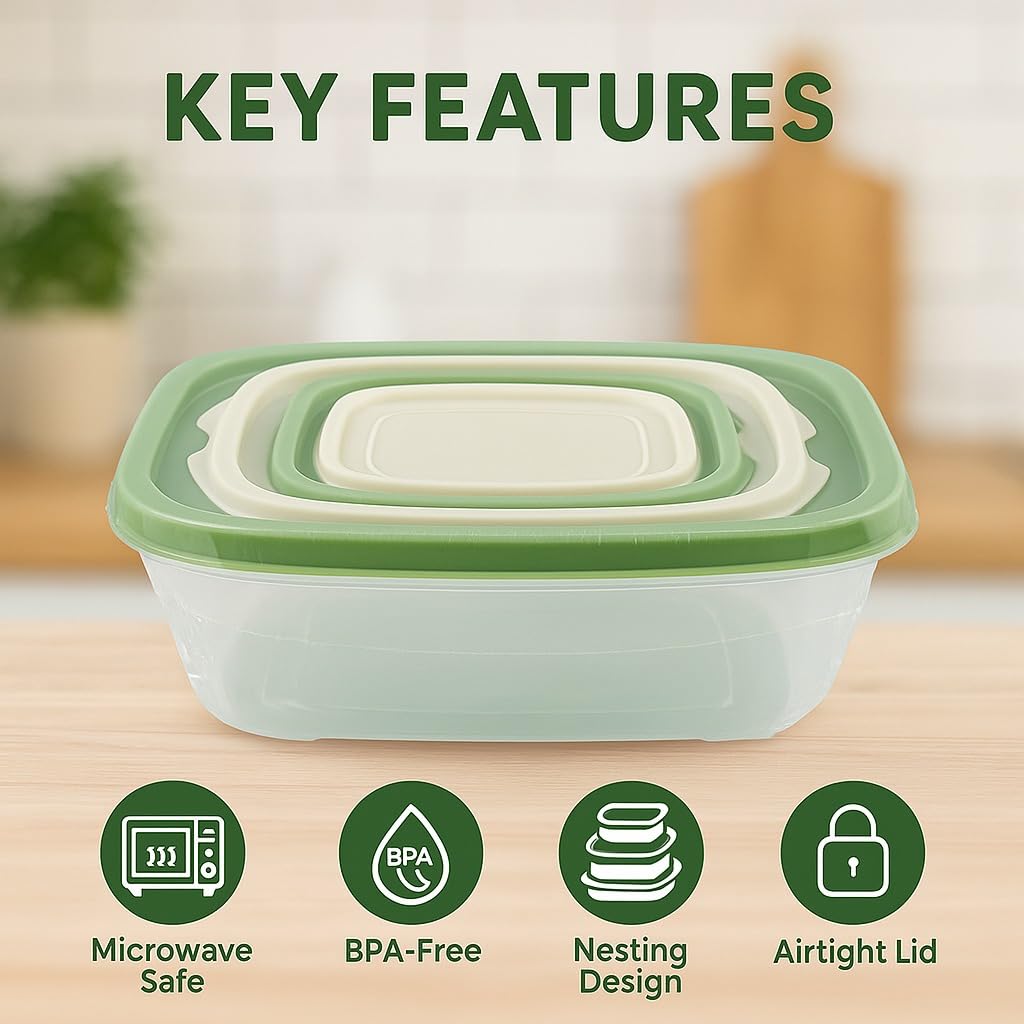 Food Storage Containers Set, 4 Piece Round Refrigerator Boxes with Airtight Lids, Leakproof, Microwave Safe 3 Minutes, Easy Clean for Vegetables, Fruit and Leftovers (Green) - image 2