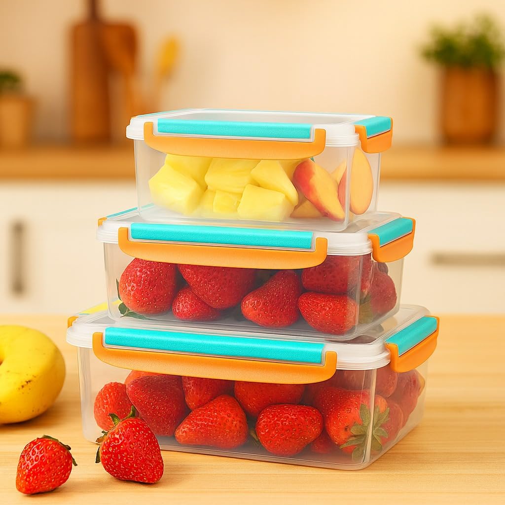 Food Storage Container Set, 3 Pcs Refrigerator Crisper Box with Airtight Seal, Triangle Fridge Organizer for Vegetables and Fruit, Microwave and Dishwasher Safe, Easy to Clean, Food Grade (Orange) - image 3