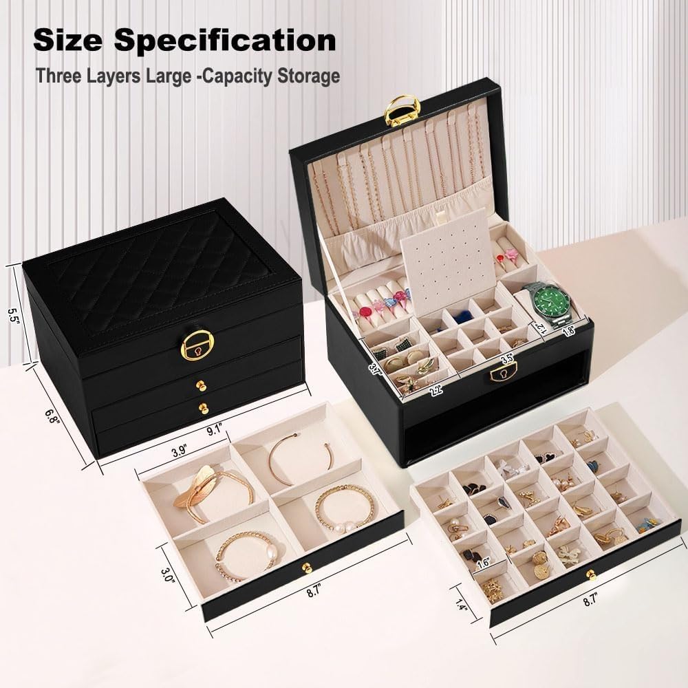 Accessories Organizer for Women, Travel Jewelry Box, 3-Layer Locking Jewelry Storage Case for Earrings, Bracelets, Rings, Watches, Brown - image 4