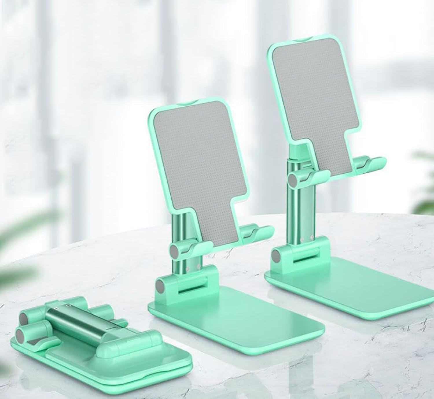 Phone Stand for Desk, Adjustable Foldable Mobile Holder with Secure Grip, Multiple Viewing Angles and Aluminum Base, Universal Hands-Free Stand for Video Calls, Watching and Work, Green - image 1