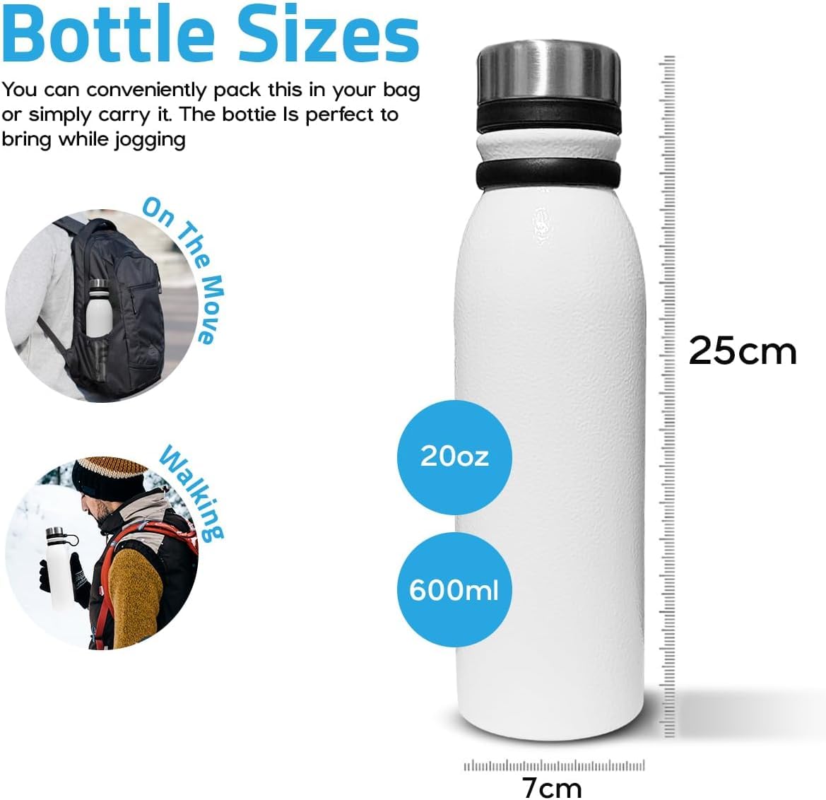 Water Bottle 600ml, Stainless Steel Vacuum Insulated Double Wall Sports Flask, Leakproof BPA-Free Bottle for Hot and Cold Drinks, Travel, Gym and Office, White - image 2