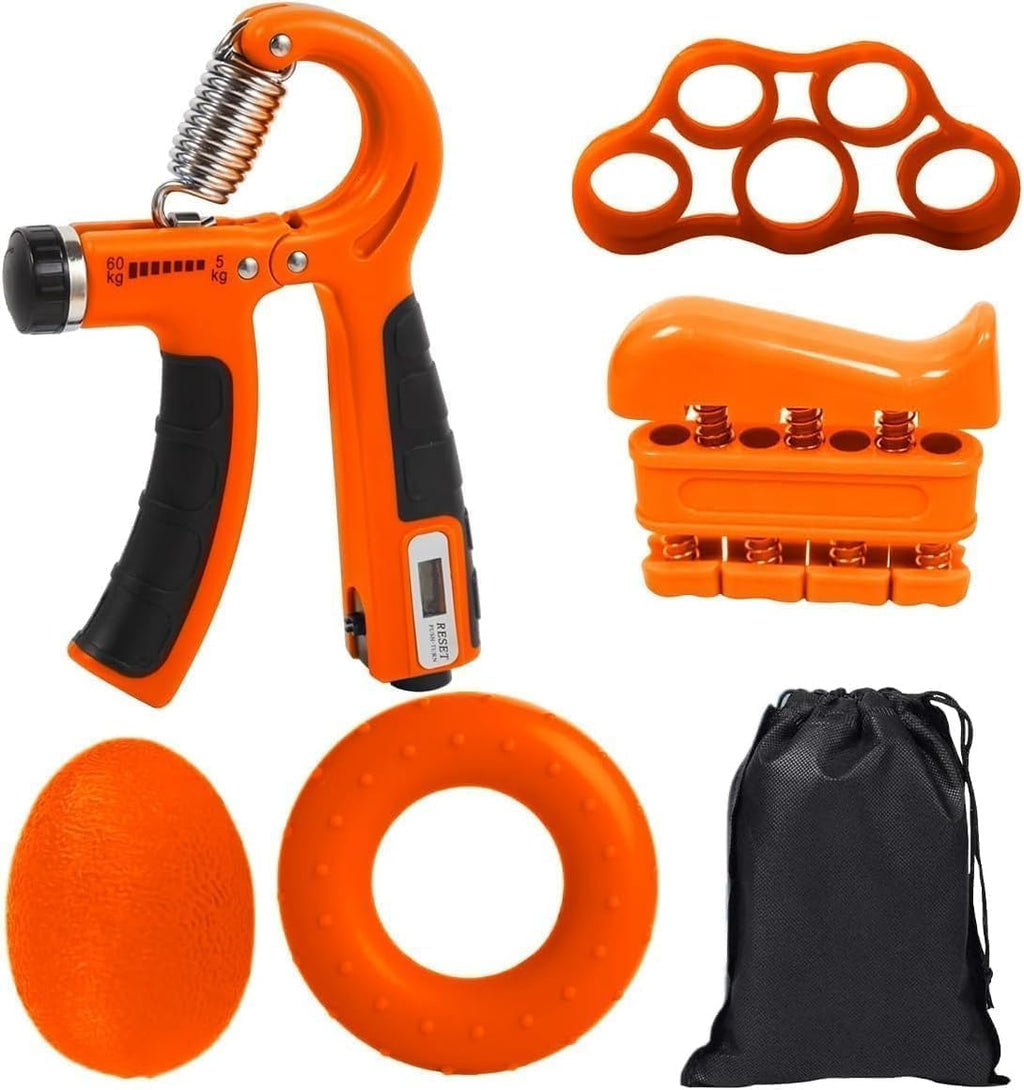 Hand Grip Strengthener Set 5 Pcs, Adjustable Hand Gripper and Finger Exerciser Kit for Forearm, Wrist and Finger Training, Compact Workout Tools for Gym, Home and Office, Orange - image 1