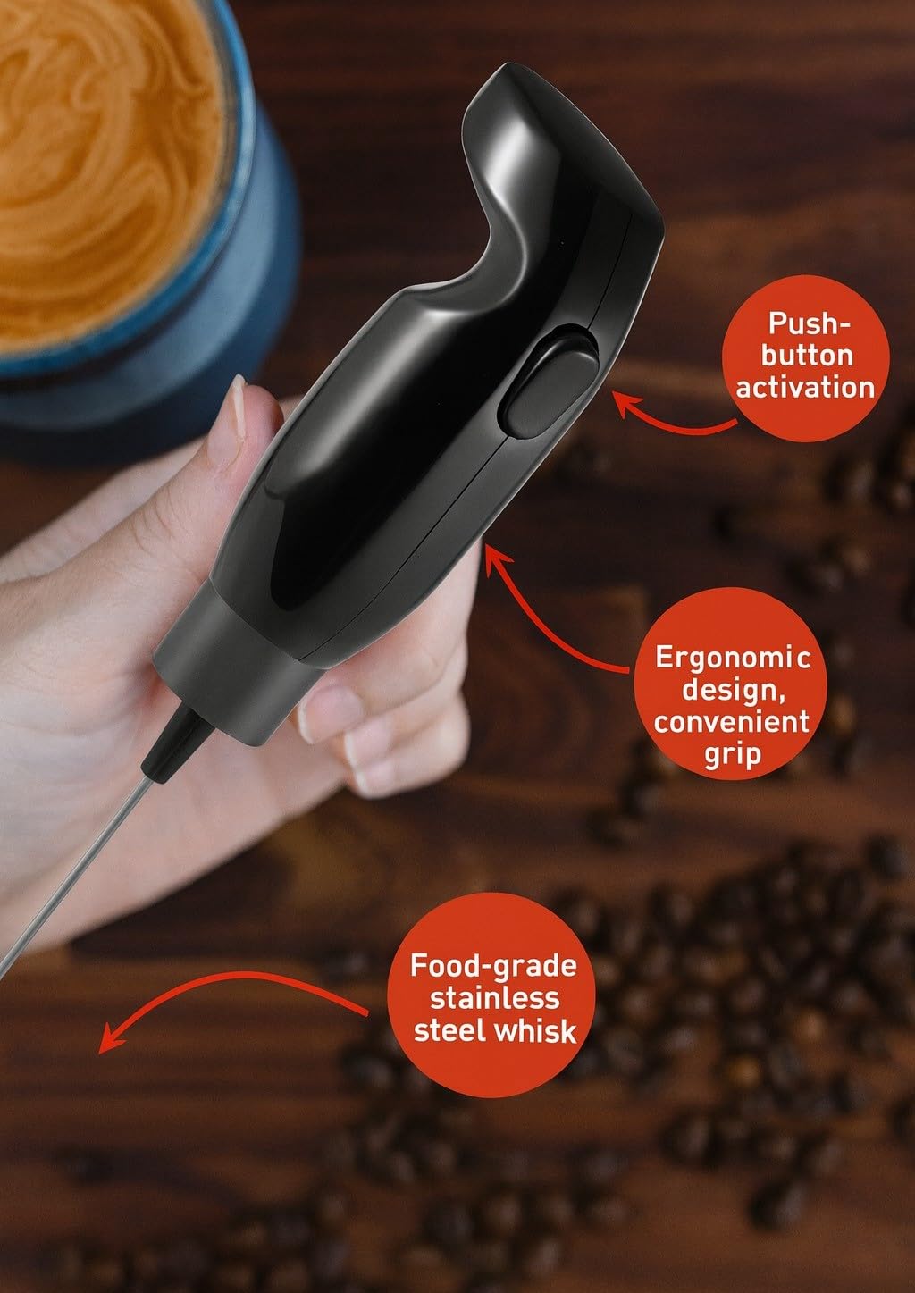 Milk frother handheld, Electric mini mixer for coffee drink, Foam Maker, Durable and Electric coffee hand mixer, 45W Motor, 80ml Capacity, Stainless Steel & Plastic Design, 2023-15 (Red) - image 2