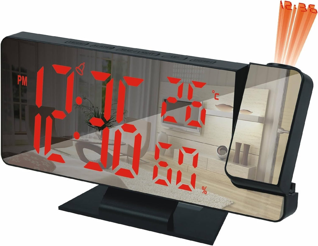 Digital Alarm Clock with LED Mirror Projection, Large Time, Temperature and Date Display, 3-Level Brightness, Snooze, USB Powered Bedside Desk Clock for Bedroom and Office, Red - image 1