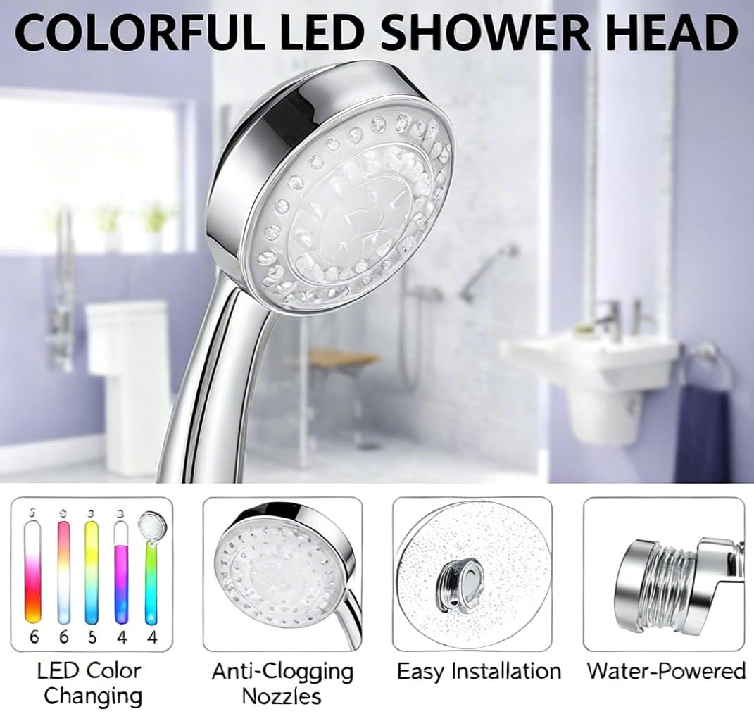LED Shower Head Handheld Water Saving Color Changing with Filter, Hydro Powered Lights No Batteries for Bathroom Hand Shower - image 4