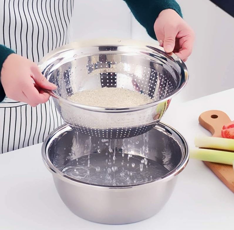Stainless Steel Basin Grater 26 CM, Multifunctional 3 in 1, Vegetable Cutter with Drain Basket - Vegetable Fruits Washing Bowl Strainer Set - image 5
