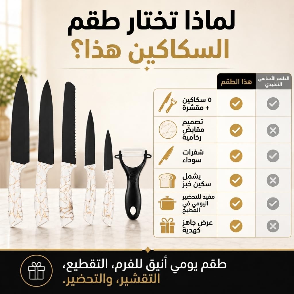 Kitchen Knife Set 6 Pieces, Marble-Coated Non-Stick Steel Knives with ABS Handles, Chef, Bread, Slicing, Utility and Paring Knives for Meat, Vegetables and Fruit, H-735, Black and White - image 4
