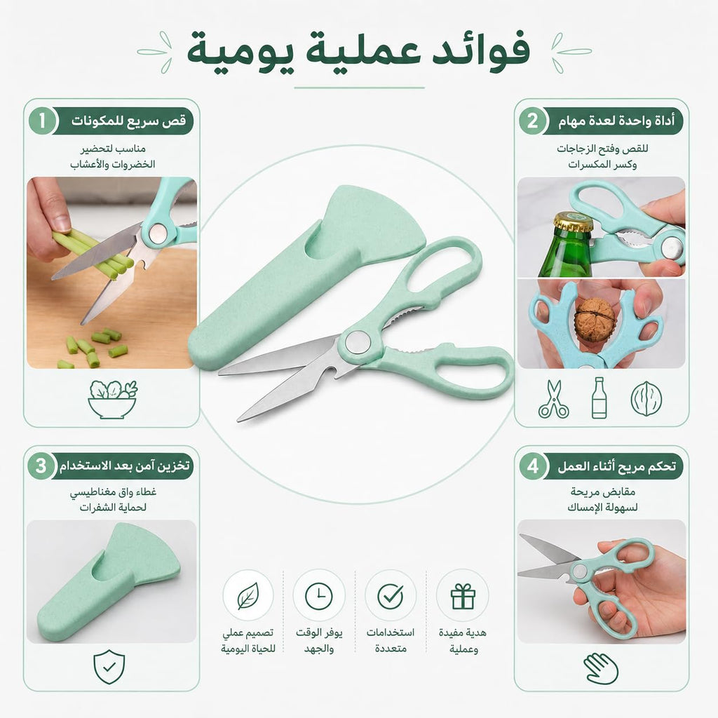 Kitchen Scissors, Stainless Steel Multipurpose Shears with Magnetic Protective Cover, Nutcracker and Bottle Opener, Ergonomic ABS Handles, S-233 (Green) - image 3