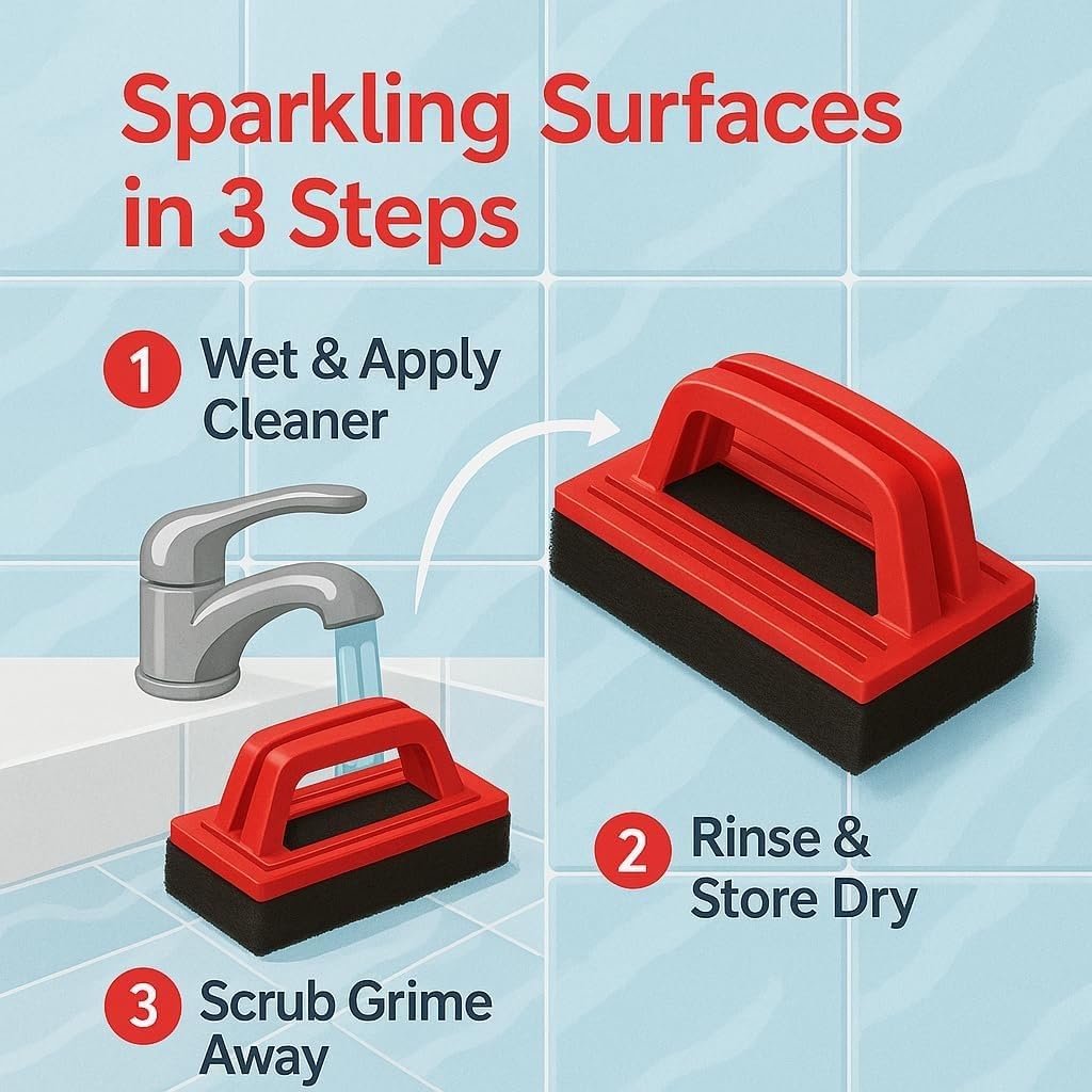Bath Brush With Handle Scouring Pad Scrubber Kitchen Cleaning Brush For Bathroom Floor Wall Sink Tile Ergonomic Cleaning Tool For Home Use (Red H130014) - image 2