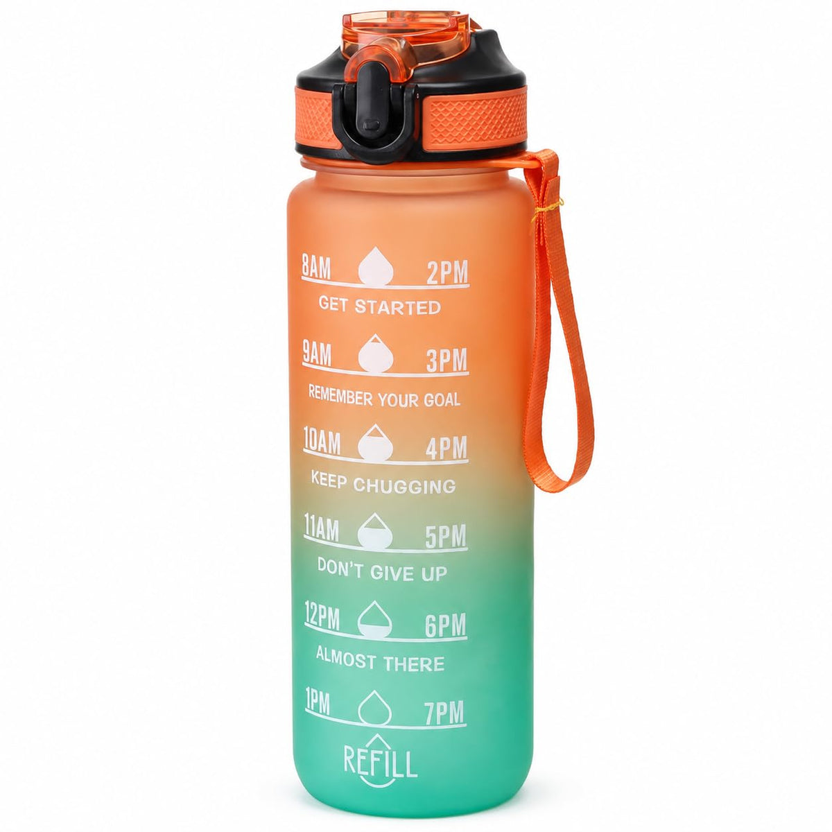 Water Bottle 1L with Time Markings and Carry Handle, Leak-Resistant Reusable Sports Drinking Bottle for Gym, Fitness, Work, School, Travel and Outdoor Use, FL-1, Orange & Blue - image 1