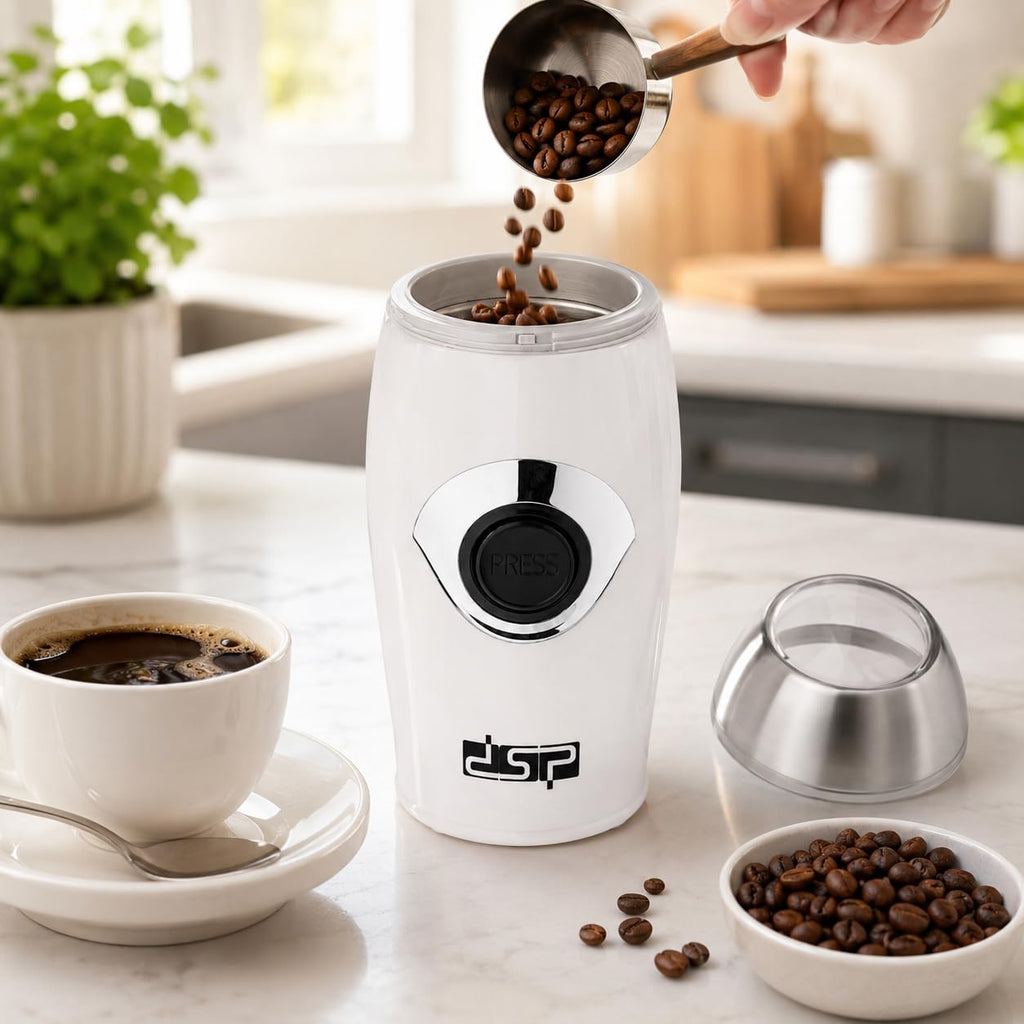 Electric Coffee Grinder 200W, Stainless Steel Bowl and Blades with Pure Copper Motor and Safety Lid Lock for Coffee Beans, Spices, Nuts and Seeds, KA3002 (White) - image 6
