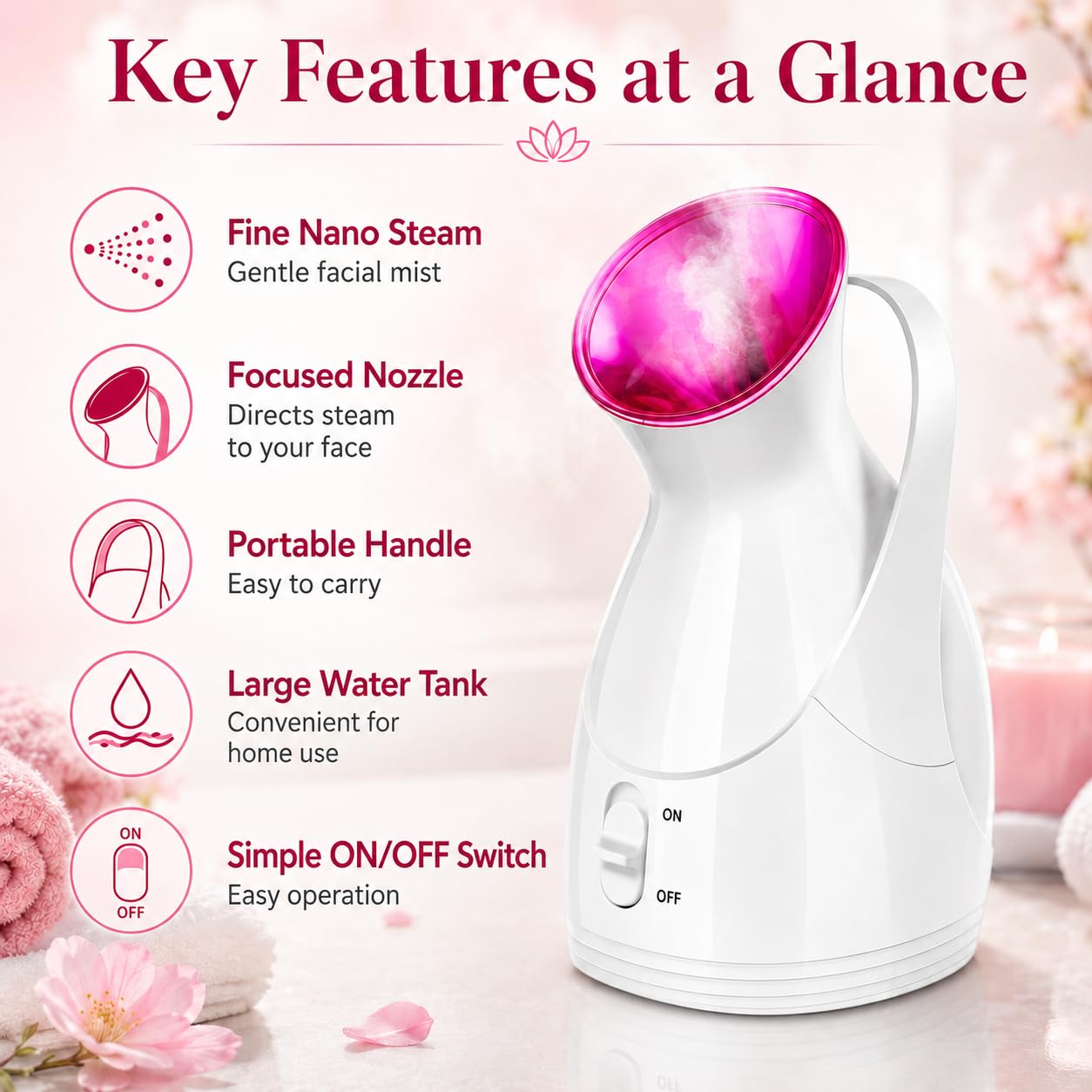 Face Steamer for Skin Care, Nano Ionic Facial Sauna Device, Warm Mist Pore Care and Moisturizing Beauty Tool for Home Spa Use, HG-608 - image 3