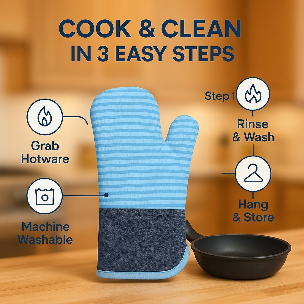 Oven Mitts Silicone Oven Gloves Heat Resistant Non Slip Kitchen Mittens for Cooking Baking and BBQ Machine Washable Durable for Men and Women (Blue) - image 5