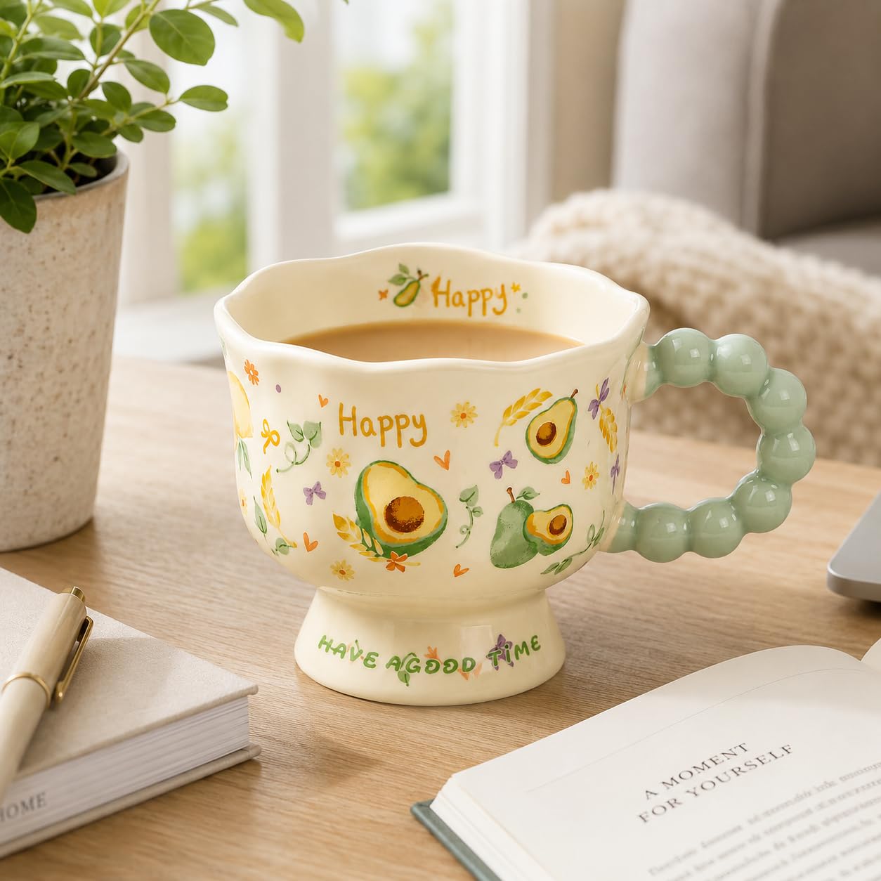 Ceramic Mug 340 ml for Coffee and Tea, Decorative Glazed Cup with Scalloped Rim, Beaded Handle and Stable Pedestal Base for Hot Drinks, TT-2533, Avocado - image 7