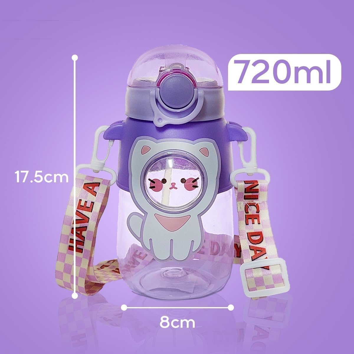 Water Bottle with Straw and Strap, 720ml Leakproof BPA Free Plastic Drinking Cup for Kids, School, Sports and Travel (Purple) - image 5