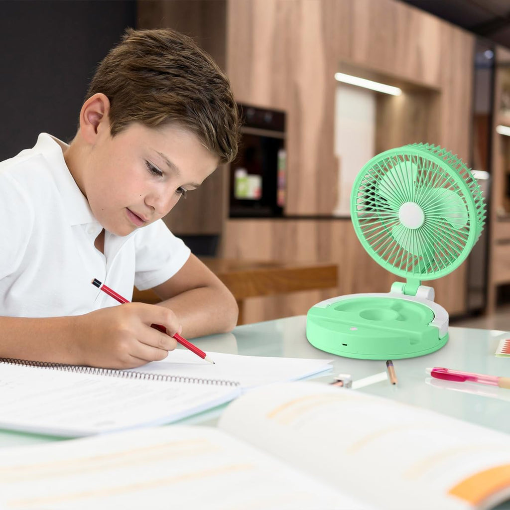 Portable Fan Rechargeable, Mini Folding Desk Fan with LED Light, USB Charging, 3 Speeds and Adjustable Stand for Home, Office, Travel and Camping (Green) - image 7