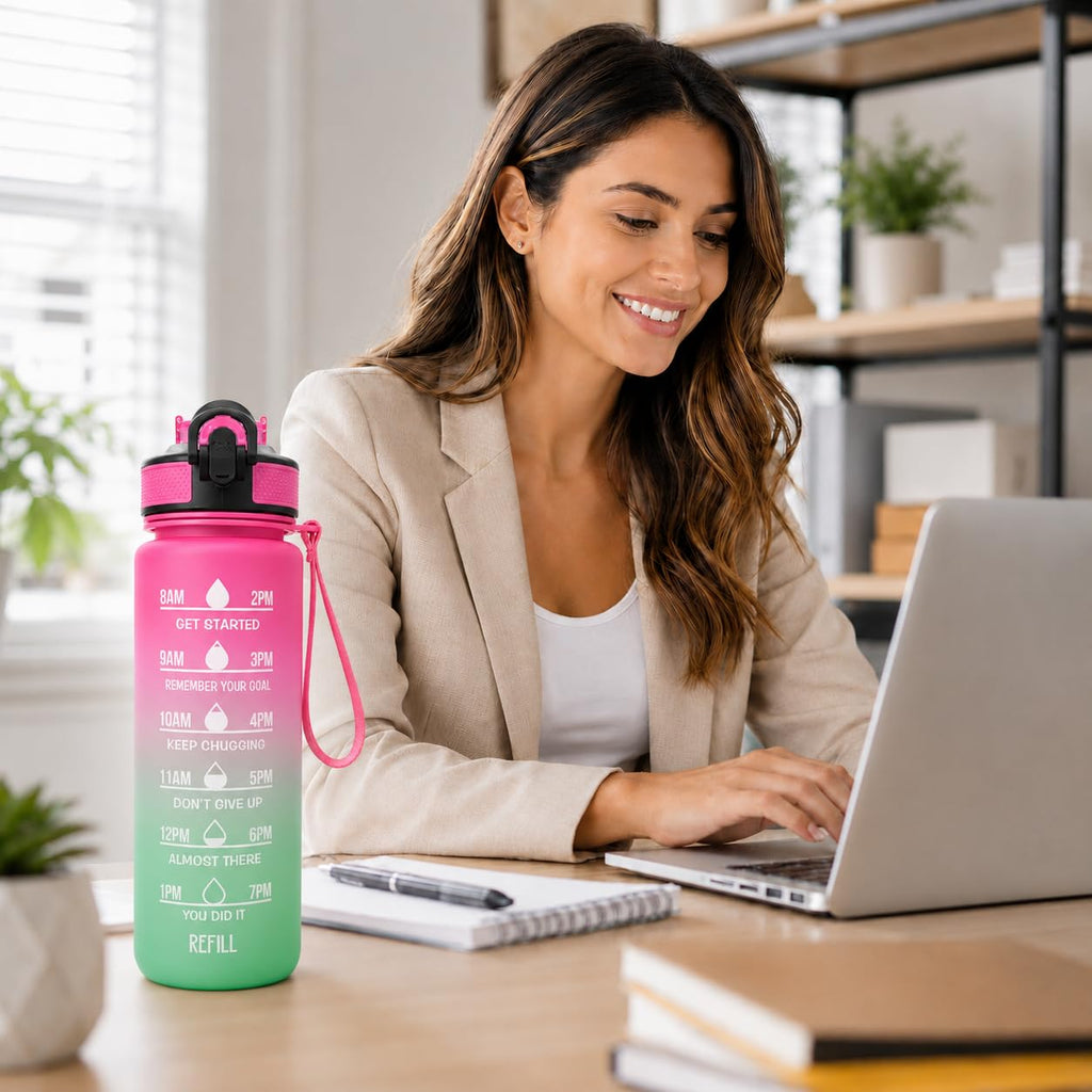 Water Bottle 1L with Time Markings and Carry Handle, Leak-Resistant Reusable Sports Drinking Bottle for Gym, Fitness, Work, School, Travel and Outdoor Use, FL-1, Pink & Green - image 7