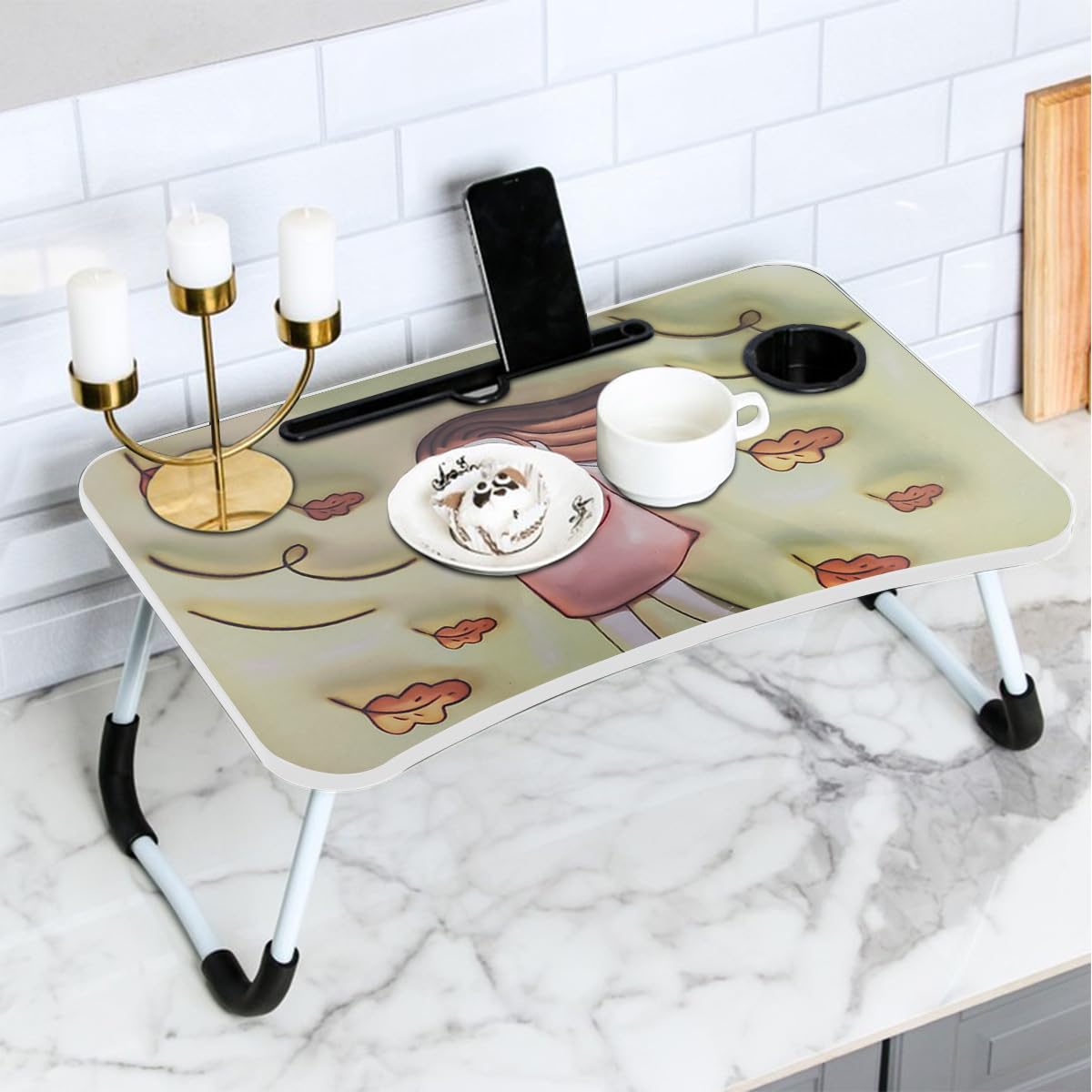 Table For Kids 3D Foldable Wooden Study Desk With Cup & Tablet Holder Bed Laptop Table Multifunctional Portable Kids Desk For Studying Reading Drawing Eating (Beige) - image 7