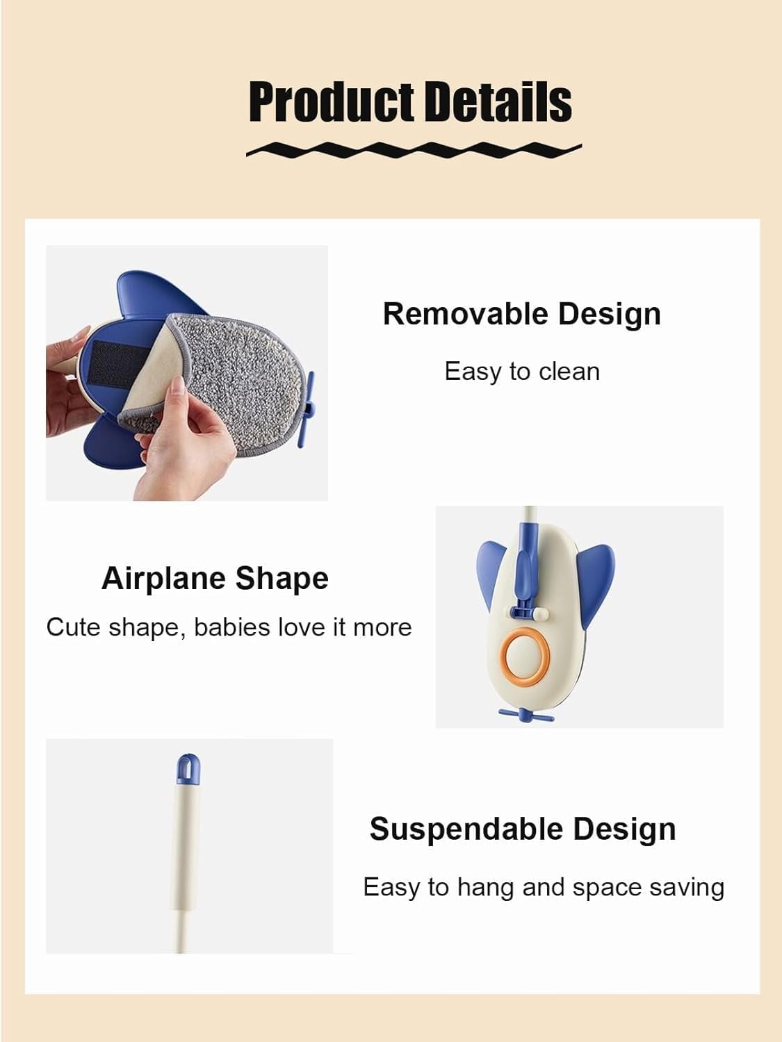 Microfiber Mop For Kids Aircraft Design Flat Mop With Soft Rubber Handle And Dust Cleaning Pad For Holiday Cleaning (Blue) - image 4