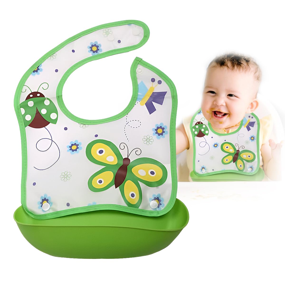 Baby Bib with Silicone Pocket - Cartoon Printed Adjustable Silicone Bibs for Boys & Girls Toddlers & Kids | Feeding Apron & Burp Cloth | Saliva Bandana Bib Butterfly, One Size - image 1