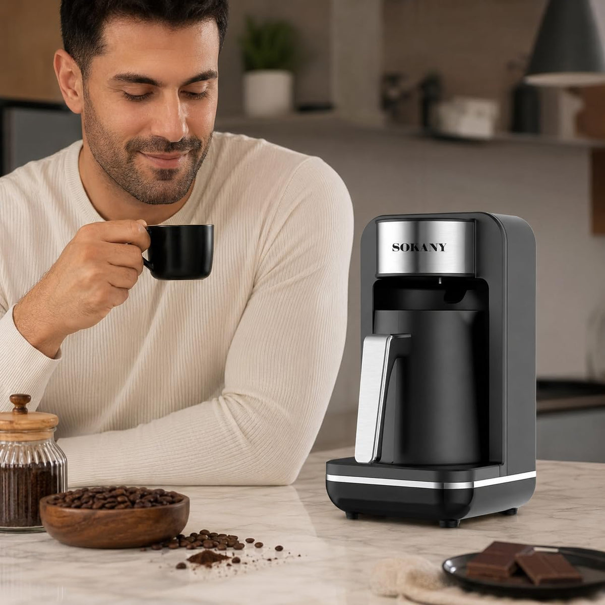 Turkish Coffee Maker 550W, 250ml Electric Coffee Pot for 1-4 Cups with Double-Sided Spout, Auto Shut-Off, Overheat Protection and Non-Slip Feet, Black and Silver, Sokany SK-0137 - image 7