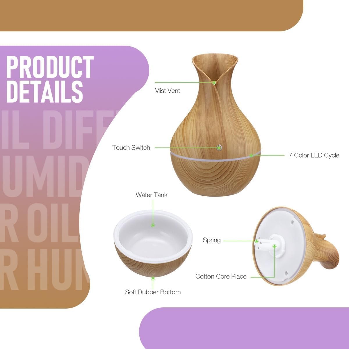 Ultrasonic Aroma Humidifier - Portable USB Essential Oil Diffuser with LED Night Light, Super Quiet, 200ml Capacity for Home, Office, and Nursery - Stylish Mini Humidifier 3W (Light Brown) - image 5