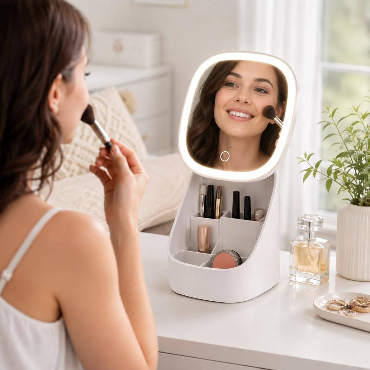 LED Makeup Mirror with Storage Organizer, Adjustable Tabletop Vanity Mirror with Removable Divider Cosmetic Box for Makeup, Brushes and Accessories, X-612 - image 6