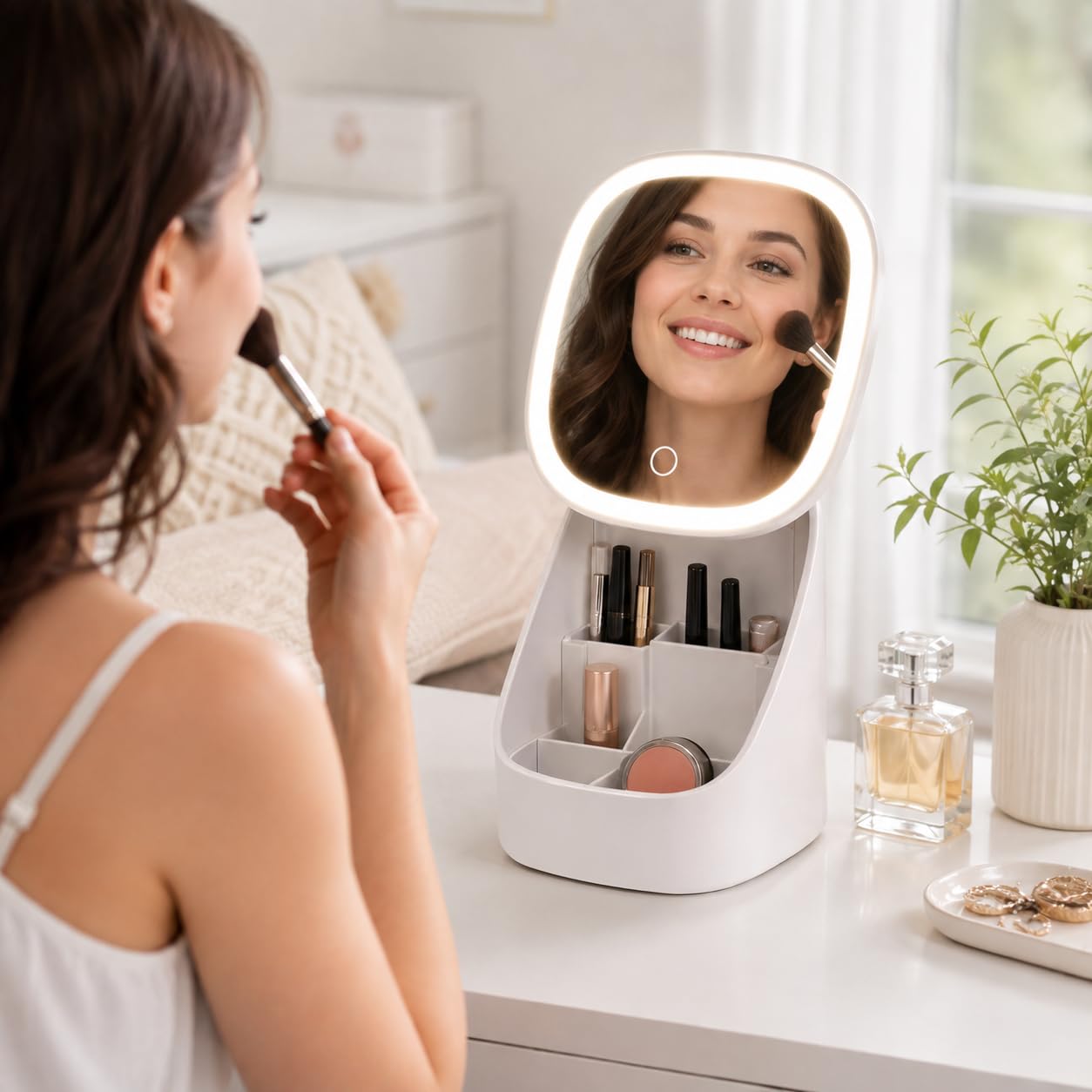Makeup Organizer with LED Mirror, Desktop Vanity Storage Box with Adjustable Angle, Removable Divider and Easy-Clean Base for Cosmetics, Brushes and Skincare, X-612 - image 6