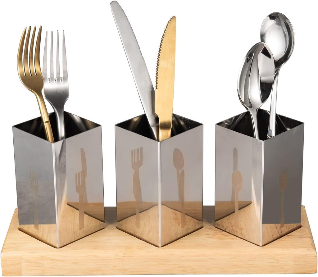 Utensil Holder Set 3 Pcs Stainless Steel Cutlery Organizer with Bamboo Base, Flatware Caddy for Forks, Knives and Spoons, Kitchen Countertop and Dining Table - image 1
