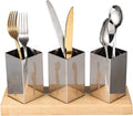 Utensil Holder Set 3 Pcs Stainless Steel Cutlery Organizer with Bamboo Base, Flatware Caddy for Forks, Knives and Spoons, Kitchen Countertop and Dining Table - image 1