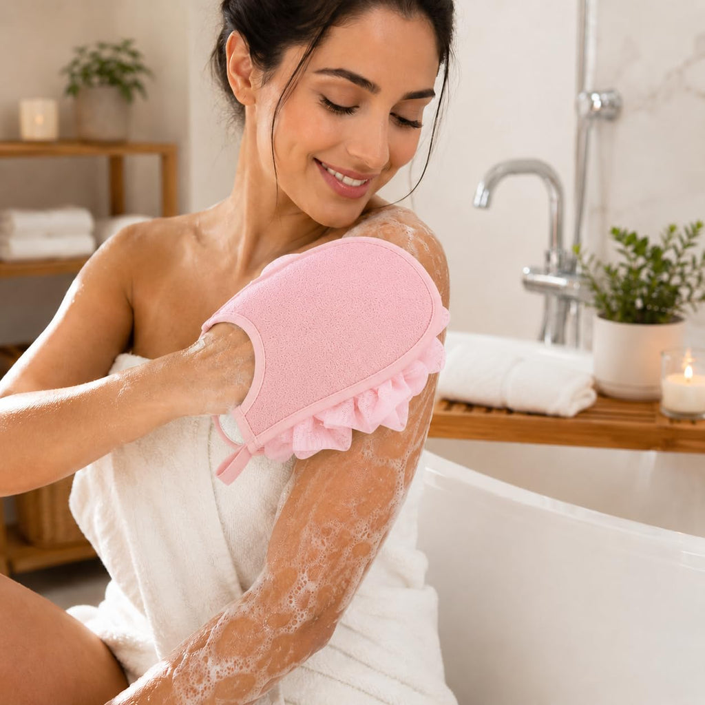 Exfoliating Glove, Body Loofah Shower Bath Mitt with Hanging Loop, Soft Quick-Dry Wash Cloth for Men and Women, B-618 (Pink) - image 8