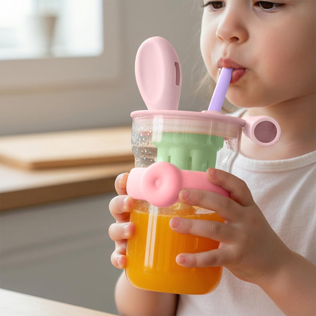 Glass Water Bottle 600ml with Straw and Handle, Leak-Resistant BPA-Free Strainer Cup for Water, Juice, Milk and Tea, Reusable Indoor and Outdoor Bottle, GG-2519, Pink & Green - image 6