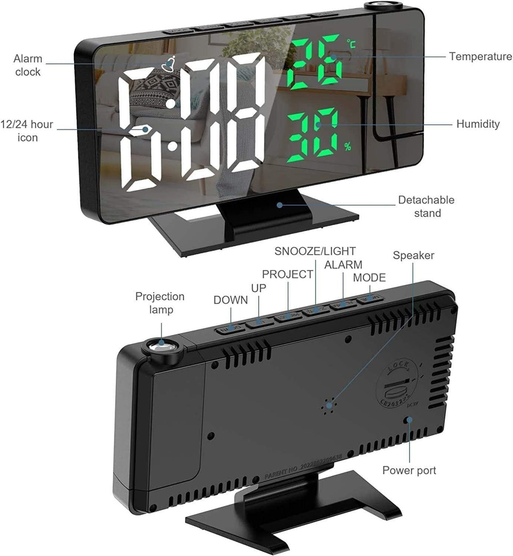 Digital Alarm Clock with LED Mirror Projection, Large Time, Temperature and Date Display, 3-Level Brightness, Snooze, USB Powered Bedside Desk Clock for Bedroom and Office, Red - image 2