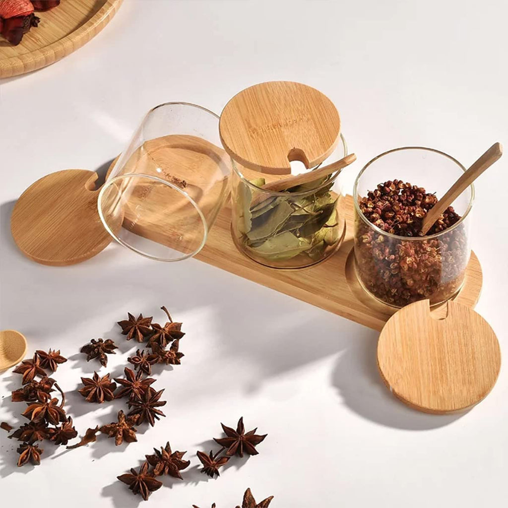 Spice Jar Set of 3, 320ml Glass Seasoning Containers with Bamboo Lids, Spoons and Storage Base for Salt, Sugar, Coffee, Tea and Kitchen Counter - image 7