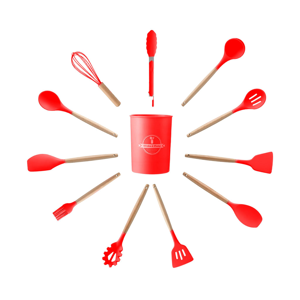 Silicone Cooking Utensils Set 12 PCS with Holder, Non-Stick Cookware Friendly Heat Resistant, Includes Spatula Tong Whisk Ladle Brush Turner Spoon (Red) - image 1