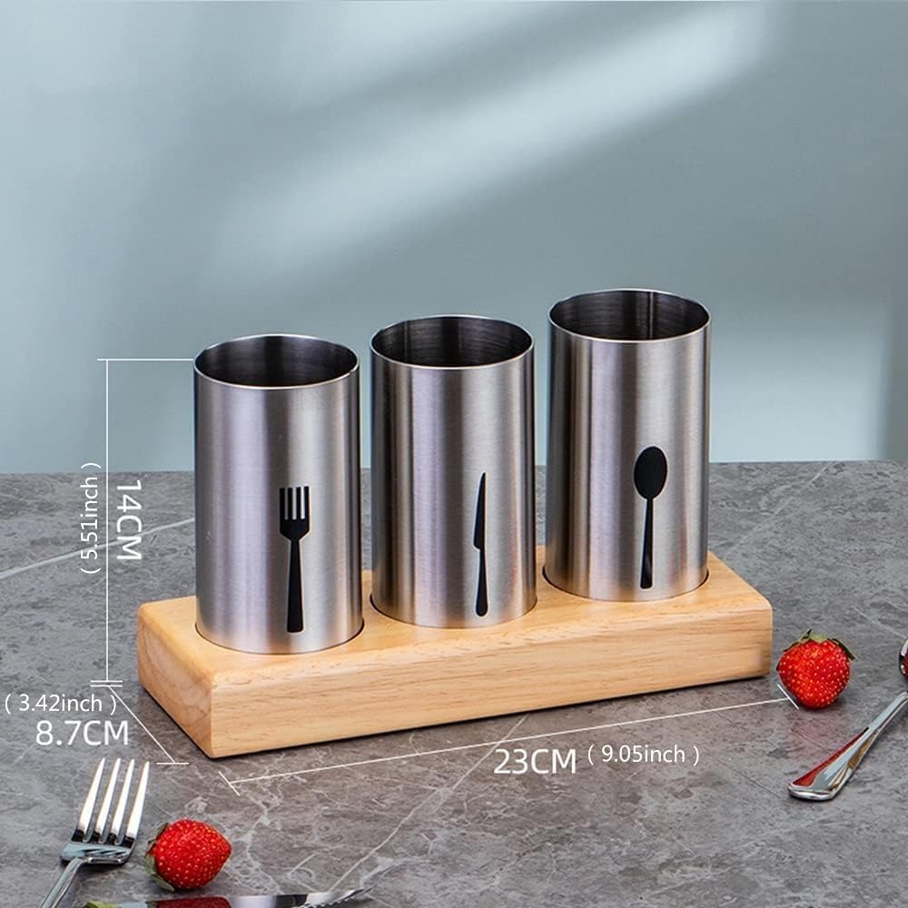 Cutlery Holder, Stainless Steel Utensil Organizer with Bamboo Base, Flatware Caddy for Forks, Knives and Spoons, Kitchen Counter and Dining Table - image 3