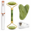 Jade Roller Set 3 in 1 Face Roller with Gua Sha Stone and Eyebrow Trimmer, Facial Massage Tool for Face Neck Eye Area Skin Care - image 1