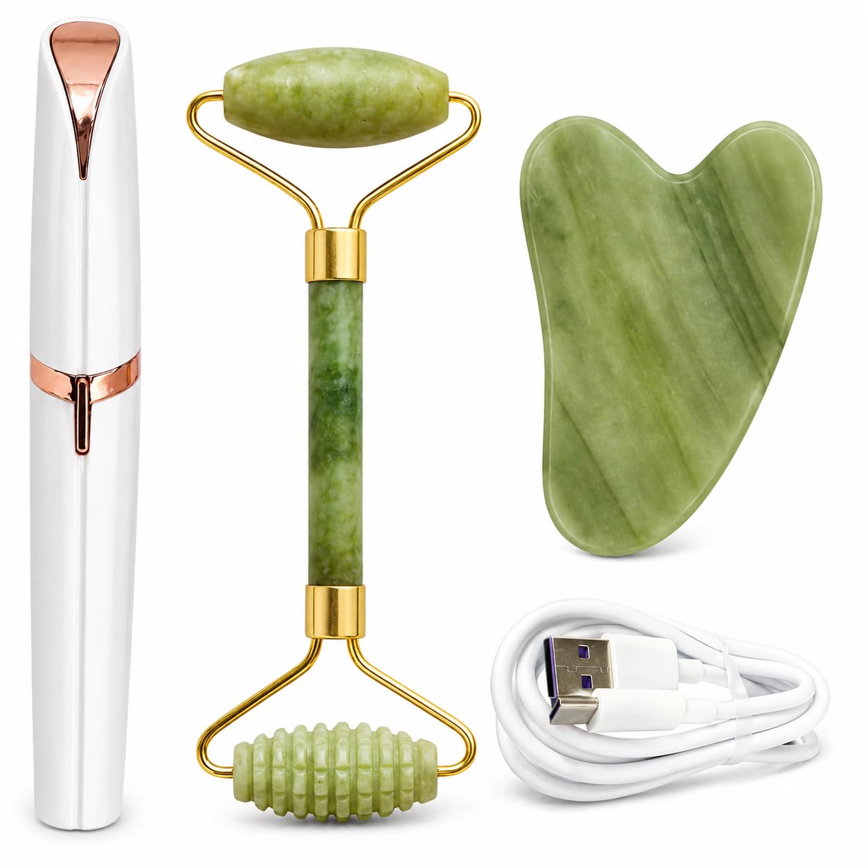 Eyebrow Trimmer and Jade Roller Set 3-in-1, Facial Massage Tool with Gua Sha Stone for Face, Neck and Skincare Routine, Portable Beauty Kit - image 1