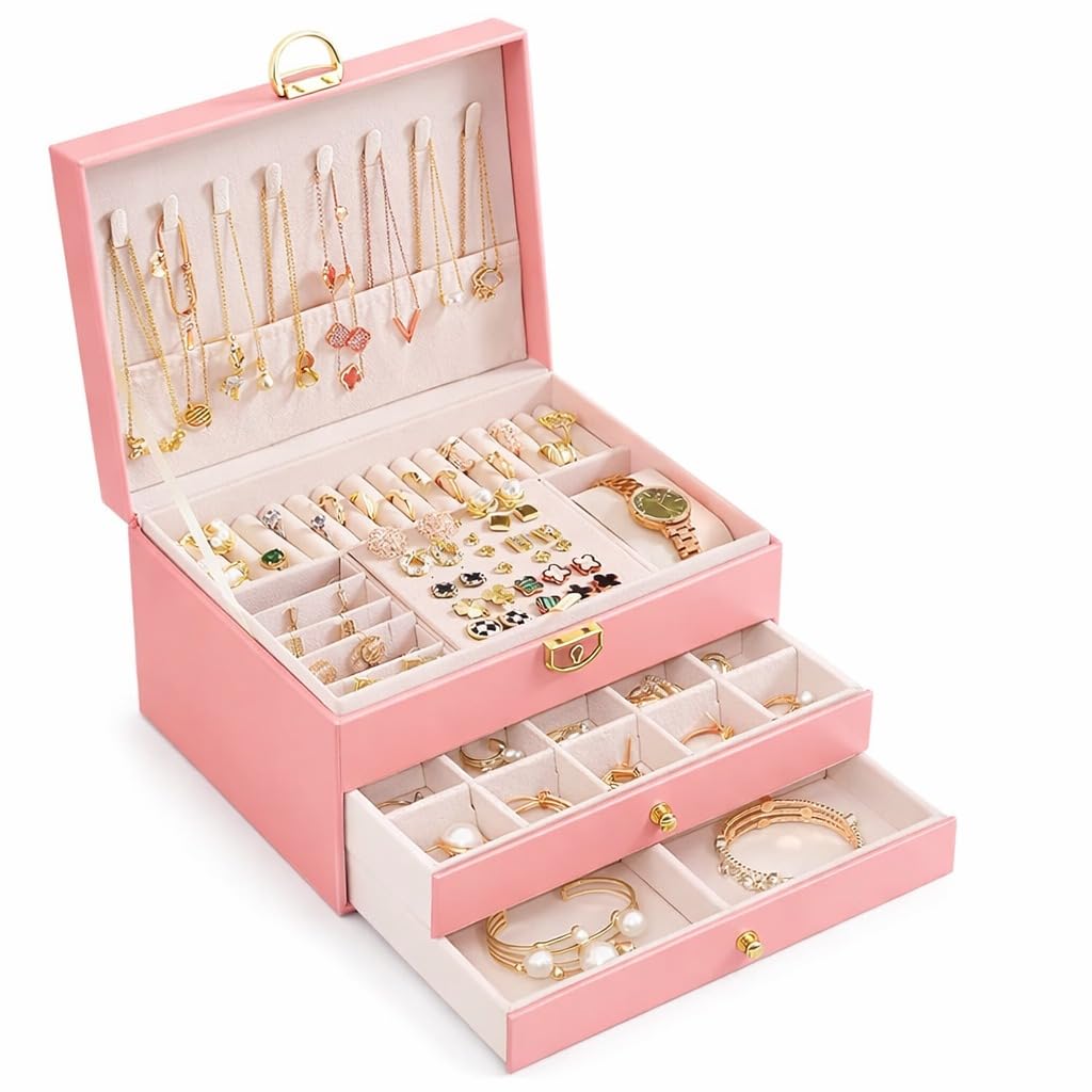 Jewelry organizer travel jewelry box Accessories Organizer 3-Layer for Women & Girls, Multi-functional Jewelry Storage Case with Lock for Earrings, Bracelets, Rings and Watches, X-559 (Pink) - image 1
