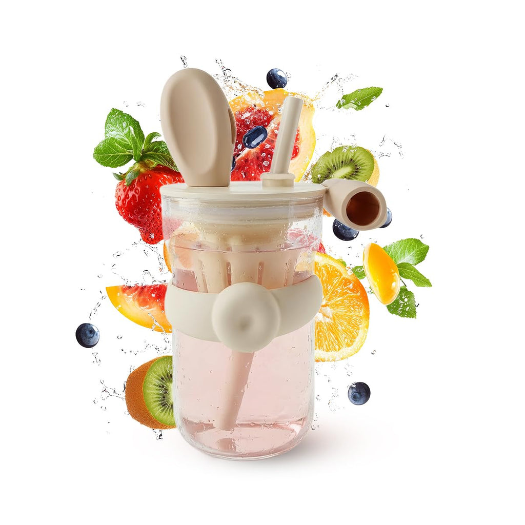 Glass Water Bottle with Straw & Handle 600ml - Strainer Cup, Leak-Proof, BPA-Free, Easy-Grip Lid for Juice, Milk and Tea, Cute Cup Ideal for Outdoor & Indoor, GG-2519 (Creamy, Yellow) - image 1