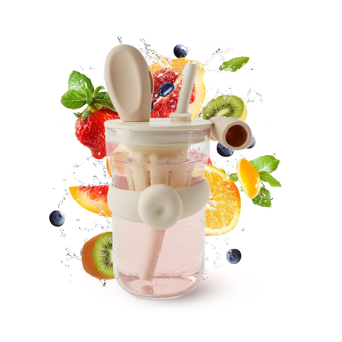 Glass Water Bottle with Straw & Handle 600ml - Strainer Cup, Leak-Proof, BPA-Free, Easy-Grip Lid for Juice, Milk and Tea, Cute Cup Ideal for Outdoor & Indoor, GG-2519 (Creamy, Yellow) - image 1