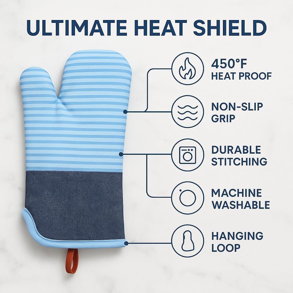 Oven Mitts Silicone Oven Gloves Heat Resistant Non Slip Kitchen Mittens for Cooking Baking and BBQ Machine Washable Durable for Men and Women (Blue) - image 3