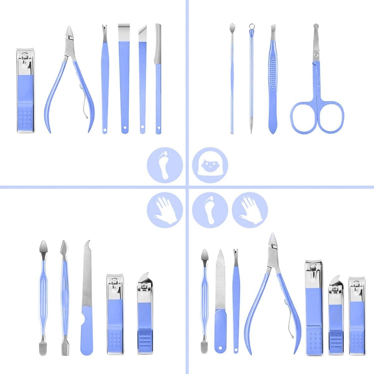 Manicure and Pedicure Set 16 Pcs, Stainless Steel Nail Clippers and Grooming Tools for Fingernails, Toenails and Eyebrows, Compact Nail Care Kit for Men and Women, Blue - image 2
