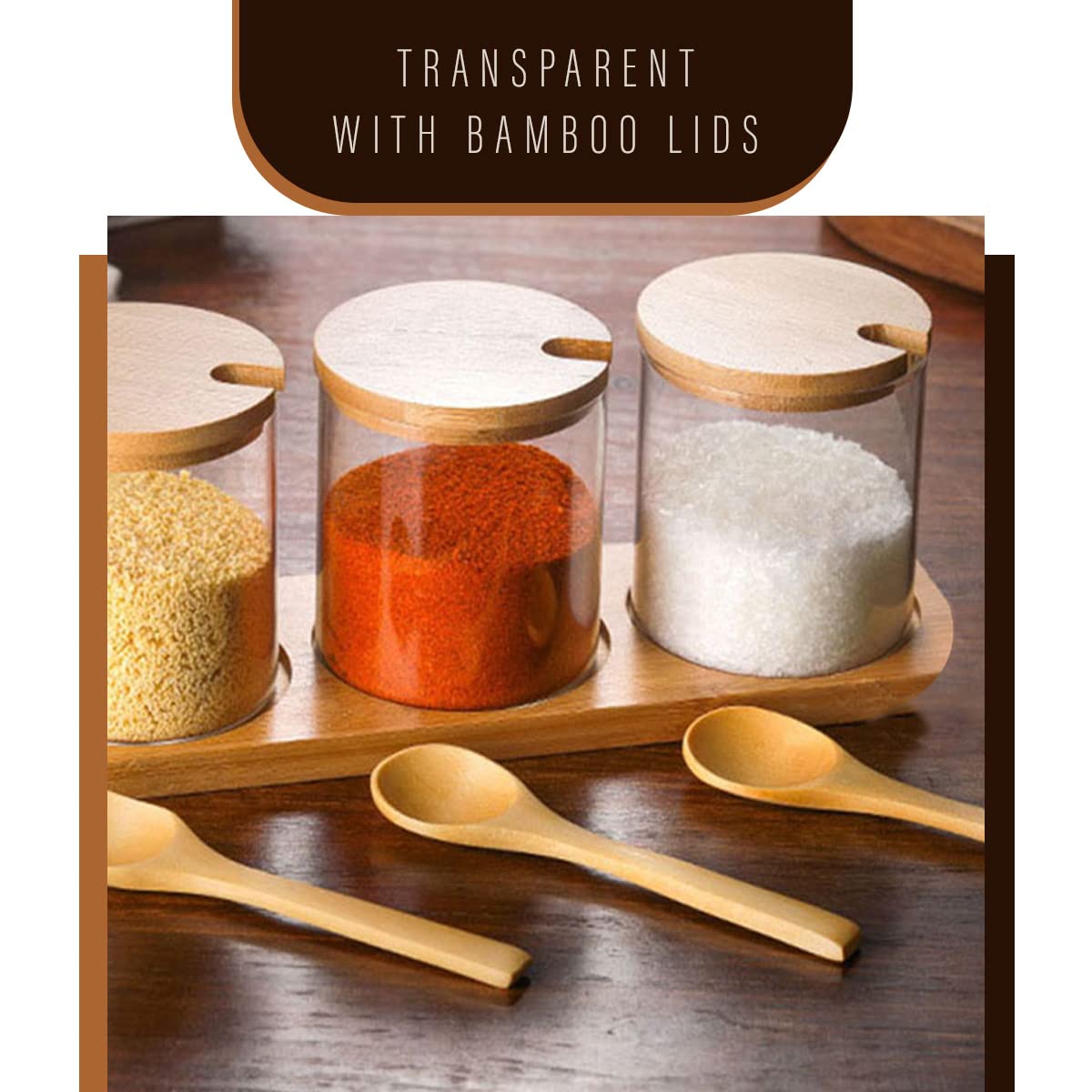 Spice Jar Set of 3, 320ml Glass Seasoning Containers with Bamboo Lids, Spoons and Storage Base for Salt, Sugar, Coffee, Tea and Kitchen Counter - image 5