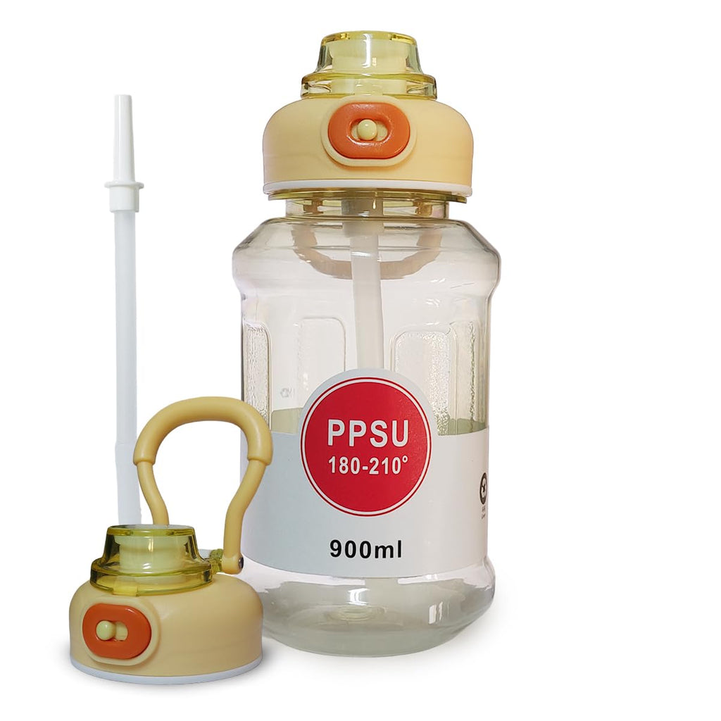 Water Bottle 900 ml with Straw and Carry Strap, BPA-Free Leakproof Sports Bottle with Flip-Top Lid for Gym, Fitness, School, Travel and Outdoor Use, Yellow - image 1